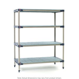 The MetroMax 4 MF-243674G-S-4 is a four-shelf plastic industrial shelving unit with adjustable feet and vented shelves. It measures 24 x 36 x 74, and its support columns are accented with UK flags. Note: Actual dimensions may vary from the product shown.