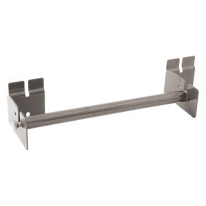 The Metro SRD15K4 SmartWall Sticker Roll Holder, Metroseal Gray Epoxy, has a silver bracket with a cylindrical rod for supporting shelves and two rectangular mounting plates with three slots each for secure attachment.
