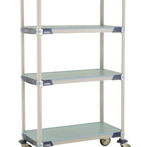 The MetroMax i X336EFX3 Mobile Cart features solid shelves on a sturdy frame, measures 18 x 36 x 67.3125, and is designed for ease of transport with four wheels, providing ample storage space.