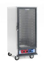 The Metro C517-PFC-4 C5 1 Series is a large, 3/4 height stainless steel proofing cabinet with wheels, featuring a transparent door, multiple fixed wire shelves, and control dials for temperature settings. It operates efficiently at 120V and 60Hz.