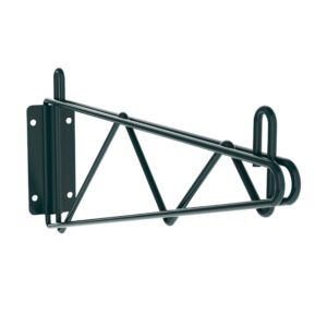 The Metro 1WD18K3 Super Erecta Direct Wall Mount Single Shelf Bracket has a black metal triangular design, featuring multiple support bars and a Metroseal Green Epoxy flat base plate with four screw holes for mounting 18 wide shelves.