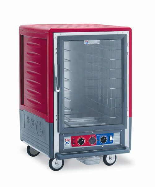 The Metro C535-CFC-4A is a red insulated cabinet with a full-length clear door and fixed wire slides. It runs on 120V, 60Hz power with base temperature control dials, has multiple shelves for storage efficiency, and is mounted on wheels for mobility.