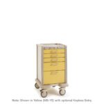The vibrant yellow Metro MBPC3110TL Basix Plus Compact Medical Cart boasts a keyless entry system and five drawers of varying sizes. Displayed against a white background, it highlights its sleek design and functional versatility.