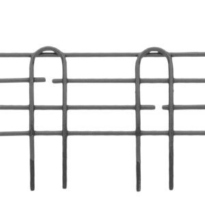 A rectangular metal wire grid similar to the Metro L14N-4-DSG Super Erecta 4 High Stackable Ledge for Wire Shelving, 14, features five vertical loops, a smoked glass-like finish with gray metallic vibes, and two horizontal bars ending in rounded loops for symmetry.