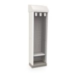 The Metro SXRS80SCATHTD is a tall, gray metal cabinet with multiple compartments for storage. Its single wide, full depth design features a slanted top and stands against a plain white background.