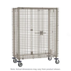 The Metro MQSEC53DE MetroMax Mobile Security Shelving Unit has a large metal wire cage with a latch door on four caster wheels for mobility. Measuring 27.8125 x 40.75 x 67.8125, it includes a note stating actual dimensions may vary from the product shown.