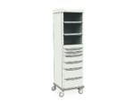 The Metro SXRSGS2 Starsys Cabinet is a tall, narrow white cart with five open shelves and six drawers, perfect for organizing medical supplies. It features four wheels for easy mobility against a plain white backdrop.