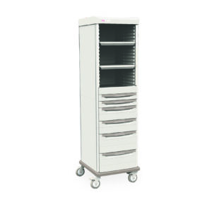 The Metro SXRSGS2 Starsys Cabinet is a tall, narrow white cart with five open shelves and six drawers, perfect for organizing medical supplies. It features four wheels for easy mobility against a plain white backdrop.