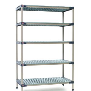 The MetroMax 4 5X537G4 is a robust five-tier shelving unit with perforated shelves, metal legs, and dimensions of 24 x 36 x 74, ideal for storage.