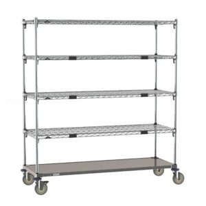 The Metro ECN46CA Super Adjustable Super Erecta Par Level Cart features a 21 x 60 galvanized steel bottom shelf with five adjustable shelves on wheels, ideal for home or industrial use. Its sturdy design and sleek silver finish provide spacious storage solutions.