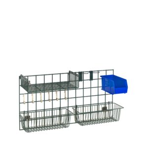 The Metro SWA2 Prep Accessory Pack for SmartWall Wall Shelving includes a wire unit with three sections: a top grid shelf, two lower wire baskets, and a removable blue plastic bin on the right side. Its sleek black frame stands out elegantly against a white background.
