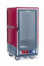 The vibrant red Metro C537-CLFC-4 C5 3 Series Insulated Holding/Proofing Cabinet features a full-length clear door with metallic racks inside, fixed wire slides, and user-friendly bottom-front temperature controls. It operates efficiently at 120V, 60Hz, and 1440W.