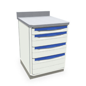 The Metro SXR30WC1 Starsys Workcenter features a gray counter, five drawers with blue handles, and a compact vertical design perfect for organizing medical supplies. Its back panel extends above the counter for enhanced functionality.