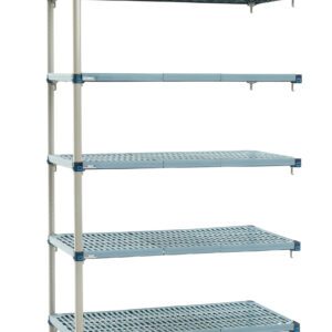 The MetroMax Q 5AQ557G3 is a 5-shelf plastic industrial shelving add-on unit with gray perforated shelves and vertical support bars. The adjustable shelves measure 24 x 48 x 74. Note: Actual dimensions may vary from product shown.