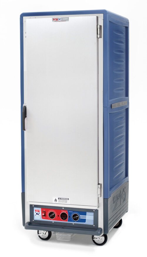 A full-height Metro C539-MXFS-4-BU C5 3 Series Heated Holding/Proofing Cabinet in blue with a solid door, wheels, control knobs, and a lower front panel temperature gauge. It operates at 220-240V, 50/60Hz.