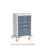 The Metro MBX2201TL Basix General Use Medical Cart features a slate blue finish, five drawers with silver handles, four wheels with two having green and orange locks, and a top drawer equipped with a label and lock for security.
