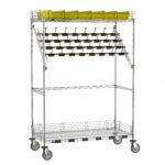 The Metro CPC55EC Super Erecta Wire Catheter Procedure Cart, measuring 24 x 48 x 68, features a metal rack on wheels with large casters, multiple yellow bins on the top shelf, rows of black and white storage clips in the middle, and an empty bottom shelf.