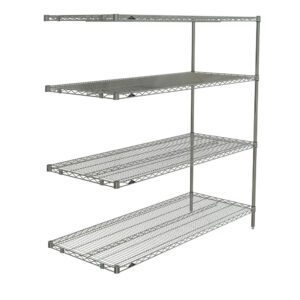 The Metro AN566BR Super Erecta 4-Shelf Industrial Wire Shelving Add-On Unit, measuring 24 x 60 x 63, features a Brite finish with four evenly spaced open wire shelves supported by vertical rods for sturdy storage.