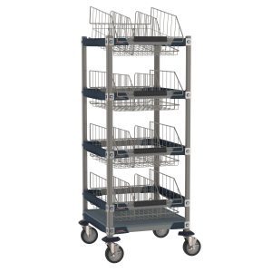 The MetroMax I MXIV1 IV Cart, 24 x 24, features four wire baskets on a robust metal frame with smooth wheels, providing easy mobility and dependable storage support.