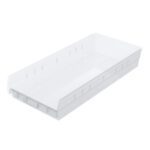 The Metro MB30174CLN Nesting Shelf Bin, measuring 23.6 x 10.6 x 4, is a clear, sturdy rectangular white plastic container with raised sides and an open top, ideal for efficient item storage or organization.