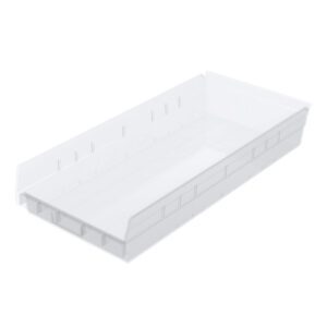 The Metro MB30174CLN Nesting Shelf Bin, measuring 23.6 x 10.6 x 4, is a clear, sturdy rectangular white plastic container with raised sides and an open top, ideal for efficient item storage or organization.
