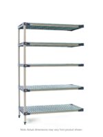 The MetroMax 4 5AX467G4 Plastic Shelving Add-On Unit, sized at 21 x 60 x 74, features five tiers, perforated shelves, a minimalist design with black connectors, and adjustable feet. Note: dimensions may vary slightly.