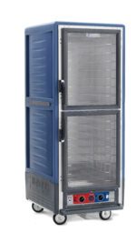 The Metro C539-CXDC-4-BU C5 3 Series Insulated Holding/Proofing Cabinet is a full-height, blue mobile unit with Dutch clear doors, fixed wire slides, and bottom control panel with temperature knobs. Operating at 220-240V and 50/60Hz, its wheels ensure easy transport.