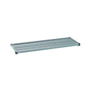 The MetroMax Q MQ2160G 21 x 60 Plastic Industrial Shelf features a grey grid design with perforations. Compact corner mounting brackets make it perfect for organizing and supporting items in industrial shelving systems.