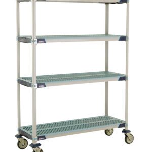 The MetroMax i X356EGX3 4-Shelf Mobile Cart features open grid shelves for ventilation, measures 18 x 48 x 67.3125, and includes adjustable corner brackets and wheels for robust storage and organization.