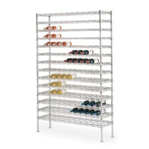 The Metro WC237C Super Erecta Cradle Wine Shelving measures 14 x 36 x 74.75 and holds up to 126 bottles. It features a sleek metal frame, ideal for displaying red, white, and rosé wines against a clean white backdrop.