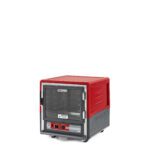 The Metro C533-HLFC-U Insulated Holding Cabinet is a red industrial oven with a clear front door, multiple control knobs, digital display, and top ventilation. It operates at 120V/60Hz, features universal wire shelving, and stands on small wheels for easy mobility.