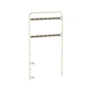 The Metro FL510 Flexline Overbridge with 2 Hanger Rails is a white metal bed grab bar featuring two horizontal support rails to help individuals get in and out of bed. It includes adjustable clamps for secure attachment to a bed frame.