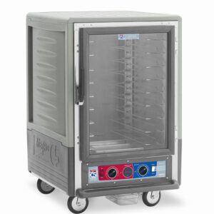 The Metro C535-CFC-U-GYA is a 1/2 height insulated holding/proofing cabinet with a full-length clear door and universal wire slides. It boasts a bottom control panel with colorful dials/buttons for settings, runs on 120V/60Hz, 2000W, and has a gray exterior with textured sides for added style.