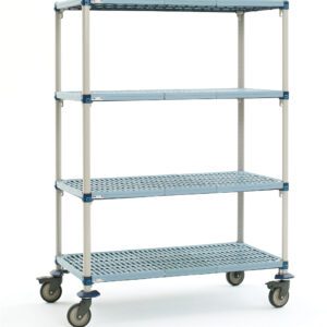 The MetroMax Q Q336EG3 Mobile Cart, featuring four adjustable open grid shelves and sturdy wheels, provides easy mobility and ample storage space within dimensions of 18 x 36 x 68. Note: Dimensions may vary from the product shown.