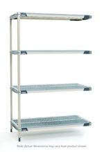 The MetroMax i AX316GX3 Add-On Unit, 18 x 24 x 63, offers a sturdy four-tier design with perforated shelves. Displayed on a white backdrop, actual dimensions may differ.