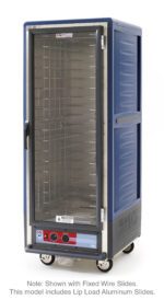 The Metro C539-HFC-L-BUA C5 3 Series Insulated Holding Cabinet is a tall, blue unit on wheels with a full-length clear glass door. It features lip load aluminum slides and operates at 120V, 60Hz, and 2000W. The bottom control panel has various knobs and gauges.
