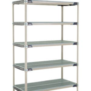 The MetroMax i 5-Shelf Industrial Shelving Starter Unit, model 5X557GX3, measures 24 x 48 x 74 and features ventilation slots on each shelf. With four corner posts and adjustable feet for stability, its sleek design is ideal for storage or organizational needs.