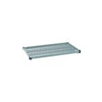 The MetroMax Q MQ2442G Plastic Industrial Shelf, 24 x 42, with a grid mat is a sturdy rectangular shelf ideal for heavy-duty use in industrial or warehouse settings. Equipped with adjustable legs and corner wheels.