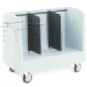 The Metro A110 Divider Assembly for the Side-Load Polymer Dish/Tray Cart enhances a white mobile cart with wheels, featuring two vertical black dividers in the middle for efficient item organization.