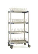 The MetroMax i PR36VX4-XDR Mobile Drying Rack, measuring 26 x 38 x 68, includes two tray racks, two pan racks, and a drip tray. Lightweight and wheeled, its ideal for kitchens or industrial settings.