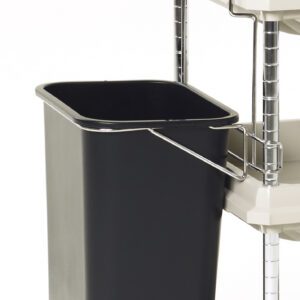 A black Metro BCWB2D Wastebasket is attached to a metal-framed Metro Deep Ledge BC2030 Utility Cart with beige plastic shelves. The cart is equipped with wheels and a handlebar for easy mobility.