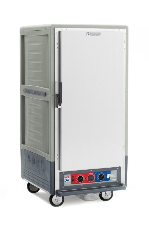 The Metro C537-CFS-U-GY is a gray 3/4 height insulated holding/proofing cabinet with a full-length solid door and universal wire slides. It runs on 120V, 60Hz, and can keep food warm efficiently. Set on wheels in a plain white background, its an industrial rectangular cart with control knobs at the bottom.