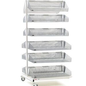 The Metro QB236-M12A qwikSIGHT Mobile Double-Sided 12-Basket Shelving Add-On Unit, 36 L, features a white background design with six gray metal mesh baskets stacked vertically on a single pole. The tall, wheeled rack is ideal for organizing various items.