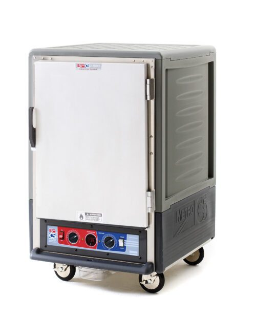 The Metro C535-CLFS-L-GY C5 3 Series is a gray, 1/2 height industrial warming cabinet featuring a full-length solid door. Its equipped with control knobs, a temperature display at the bottom, and wheels for mobility. This 120V unit offers versatile use in any space.