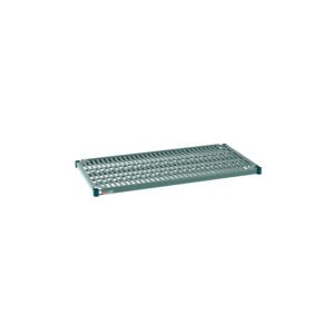 A rectangular metal grating platform, akin to the Metro Super Erecta Pro PR2142NK3 Industrial Wire Restaurant Shelf with a removable plastic mat (21 x 42), features evenly spaced cutouts and raised edges for support, isolated against a white background.