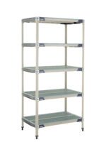 Introducing the MetroMax i 5X537GX3, a sleek light gray shelving unit with dark gray corner accents. It features five perforated plastic shelves and measures 24 x 36 x 74, supported by four adjustable legs for stability.
