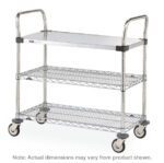 The Metro MW403 MW Series Utility Cart offers a sleek three-tier design with two handles and four wheels for mobility, featuring one stainless steel solid shelf and two chrome wire shelves. Dimensions are 18 x 36 x 38; actual dimensions may vary.