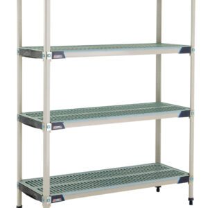 The MetroMax i X356GX3 Shelving Unit, measuring 18 x 48 x 63, includes four adjustable perforated turquoise shelves and a sturdy silver frame with robust legs, making it ideal for versatile storage needs.