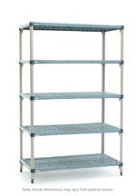 The MetroMax Q 5Q537G3 unit features a five-tier design with perforated metal shelves in a sleek silver and gray finish. Dimensions are 24 x 36 x 74, though they may vary, and it has a simple backdrop that enhances its modern appeal.