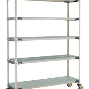 The MetroMax i 5X367EGX3 is a 79.3125 tall industrial plastic shelving unit with a silver frame, featuring five adjustable gray mesh shelves, including a solid bottom shelf. Its mobile on wheels and measures 18 x 60, ensuring simplicity and functionality in design.